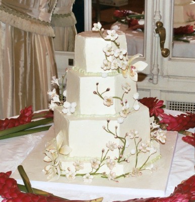 This cake was decorated in an all white color scheme using sugar tulips 