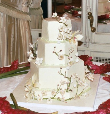 This cake was decorated in an all white color scheme using sugar tulips